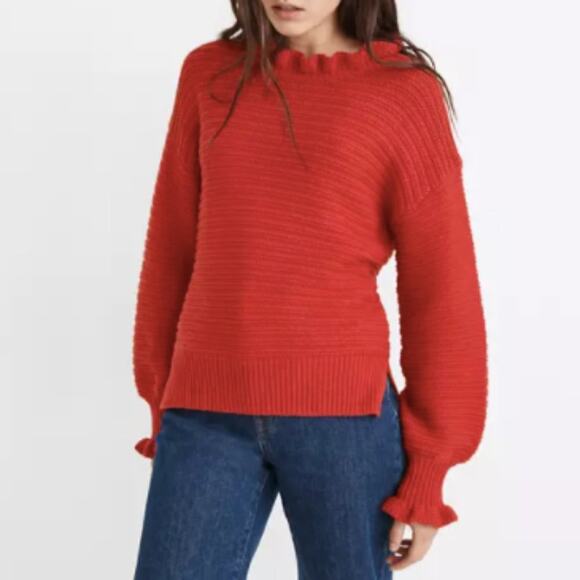 Madewell Ruffle-Neck Pullover Sweater in Kilt Red - Picture 1 of 7